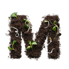 Letter of the English alphabet isolated on white background. The stencil is created using earth with young sprouts.