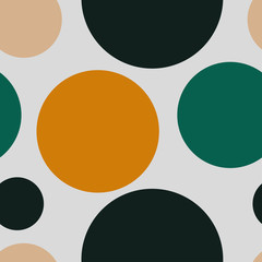 Сircles vector seamless pattern.Festive, merry polka dot background. Uneven texture  for wrapping, wallpaper, textile. Yellow, beige, orange, green, white rounds.