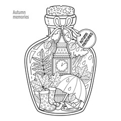 Coloring book for adults. A glass vessel with autumn memories of dreams about a trip to London. A bottle with rain, boots, leaves, a cup of tea, big ben tower london, Victoria Tower