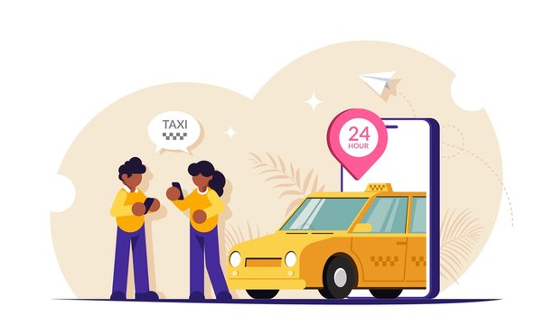 Online taxi concept. People call the car to travel around the city using a mobile app. 24-hour operation of the online service. Modern flat vector illustration.