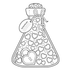 Vector coloring for adults. Valentine's Day. My love for you. Isolated elements. Valentines save in a glass bottle
