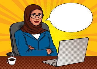 Vector color illustration of successful muslim business woman in office room. Happy beautiful lady with arms crossed sitting in a chair in front of a laptop. 
