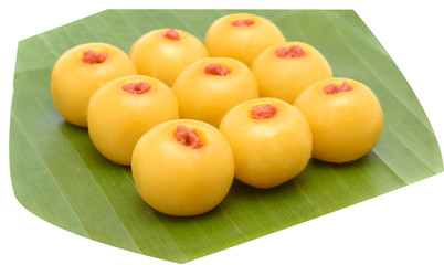 Saneh Jaan Thai dessert in banana leaf on white background.