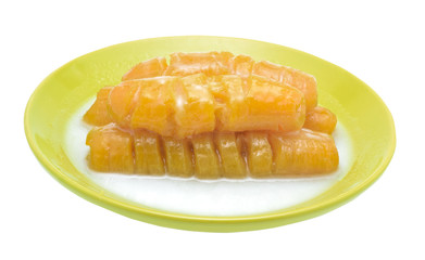 Thai banana dessert in plate on the white background.