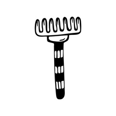 Hand drawn small rake, garden tools on a white isolated background. Doodle, simple outline illustration. It can be used for decoration of textile, paper.