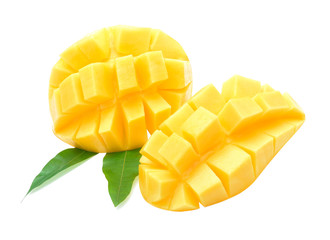 Yellow mango with leaves and slice isolated on white background