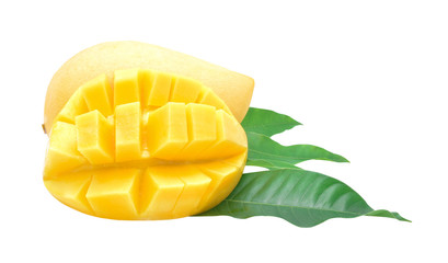 Yellow mango with leaves isolated on white background