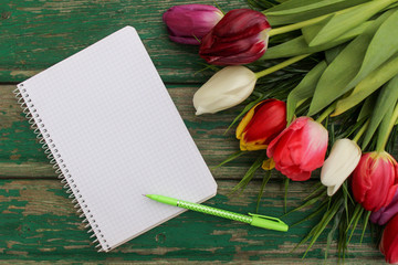 Multi-colored tulips on a dark wooden substrate. Greeting card for Mother's Day, March 8, birthday. Notebook with blank pages, place for signature. Gardener's diary in the spring.