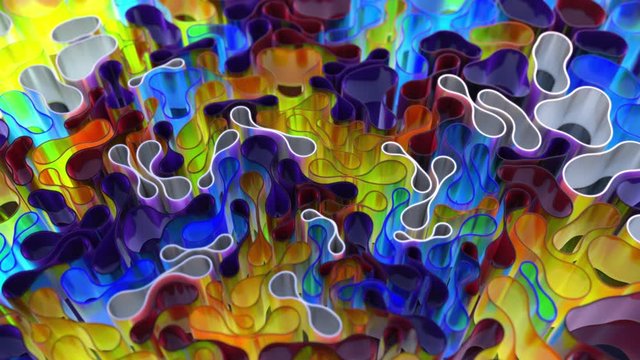 Multicolored 3D animation composition. Soft cylindrical tubes are drawn to the center, deformed when moving.