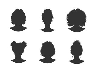 Vector set of six different women heads silhouettes with hairstyles.