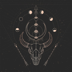 Vector illustration with hand drawn Bull skull and Sacred geometric symbol on black vintage background. Abstract mystic sign.