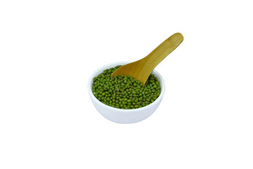 mung beans in ceramic bowl and wooden spoon isolated on white background