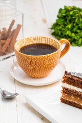 Appetizing coffee in a cup. breakfast with americano.