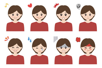 Set of woman's emotions with short hair. Vector illustration isolated on white background.