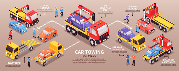 Car Towing Isometric Infographics
