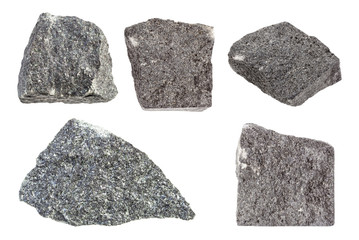 set of various Gabbro rocks isolated on white