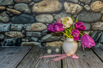 still life, sketch, background, white, small, ceramic, jug, bouquet, flowers, white, pink, lilac, tulips, green, leaves, pink, ribbon, white, round, beads