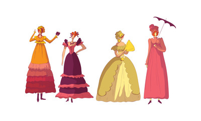 Women in Standing Pose Wearing Old-fashioned Dress Vector Set