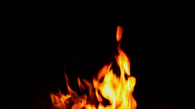 flames from camp fire burning at night, 4k