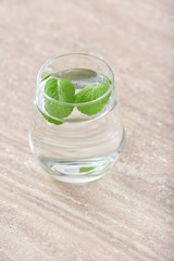 Glass of fresh water with mint on table