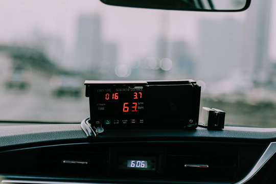 Close up Taxi meter in Bangkok City in Thailand, Asia