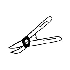 Hand drawn pruner, garden tools on a white isolated background. Doodle, simple outline illustration. It can be used for decoration of textile, paper.