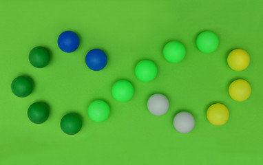 Infinity pattern with spheres in blue, yellow and  green color tones on a green background. Concept circular economy 