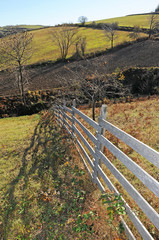 Fototapeta na wymiar A beautiful wooden fence in the countryside. Beautiful mountain scenery. Mystical rural scenes. Scattered houses of mountain villages. Beautiful nature background.