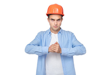 Strong builder, man shows his blow, portrait, isolated background, copy space