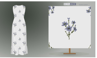 Seamless blue flowers pattern on dress mockup. Embroidery stylized ornament