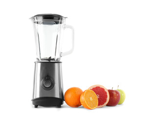 Blender with ingredients for healthy smoothie on white background