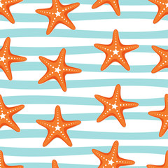 Fototapeta na wymiar Summer seamless background with sea stars on striped background.