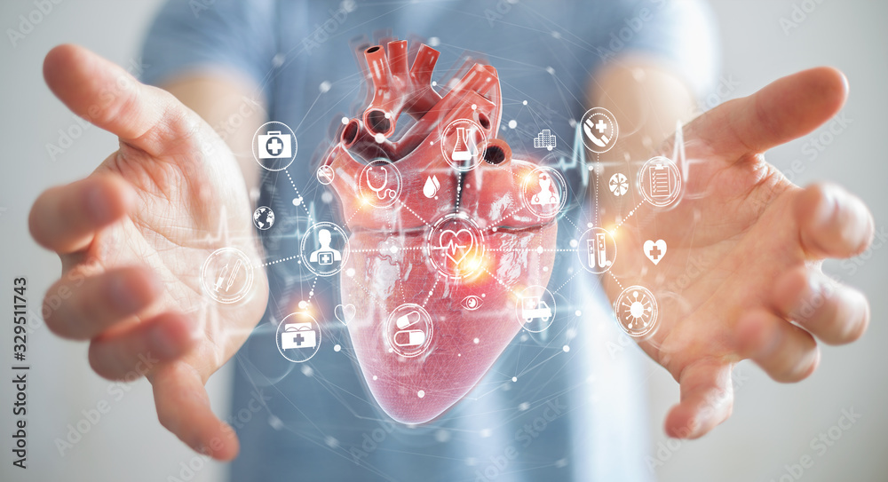 Poster Man using digital x-ray of human heart holographic scan projection 3D rendering