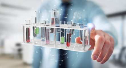 Man holding and touching medical analysis in tubes samples 3D rendering
