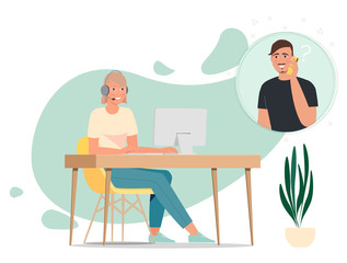 A female helpline operator with a headset advises a customer.