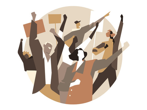 Un gruppo di persone, attivisti marciano in protesta con manifesti. Manifestazione per i diritti civili. Festa del lavoratore