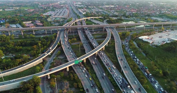Logistic industrial city transport junction road with car movement aerial view