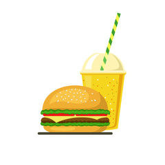Fast food in flat style. Hamburger with juice with a tube.