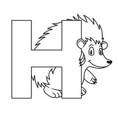 animal alphabet. capital letter H, hedgehog. Vector illustration. For pre school education, kindergarten and foreign language learning for kids and children. Coloring page and books, zoo topic.