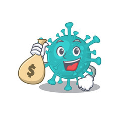Smiley rich corona zygote virus cartoon character bring money bags