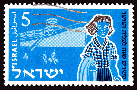 A stamp printed in Israel from the "20th anniversary of Youth Immigration Scheme" issue shows Immigrants - Aliyah and Ship