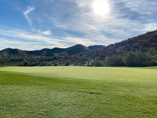 mountain golf green red flag