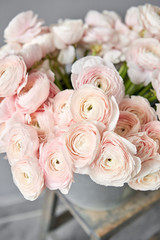 Spring background, flower Wallpaper. Persian buttercup. Bunch pale pink ranunculus flowers on light gray background. Vase on vintage wooden table. Wallpaper