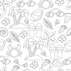 Seamless pattern of beach line elements.   Black and white illustration in doodle style. Marine and summer theme.  Modern background for cover and  textile.