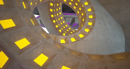 Architectural background. Abstract concrete interior with discs.Colored gradient neon lighting. 3D illustration and rendering.