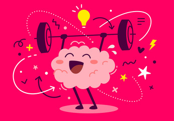 Vector creative illustration of strong happy pink human brain character with light bulb easy lifting barbell on red background.