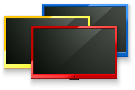 Vector TV led screen isolated background. Red, yellow, blue color modern stylish lcd panel. Computer monitor display mockup set. Blank television graphic design element for catalog, web, as mock up