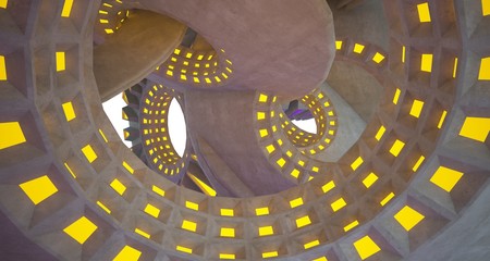 Architectural background. Abstract concrete interior with discs.Colored neon lighting. 3D illustration and rendering.