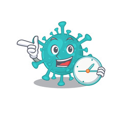 Cheerful corona zygote virus cartoon character style with clock