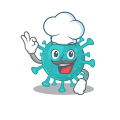 Cute corona zygote virus cartoon character wearing white chef hat